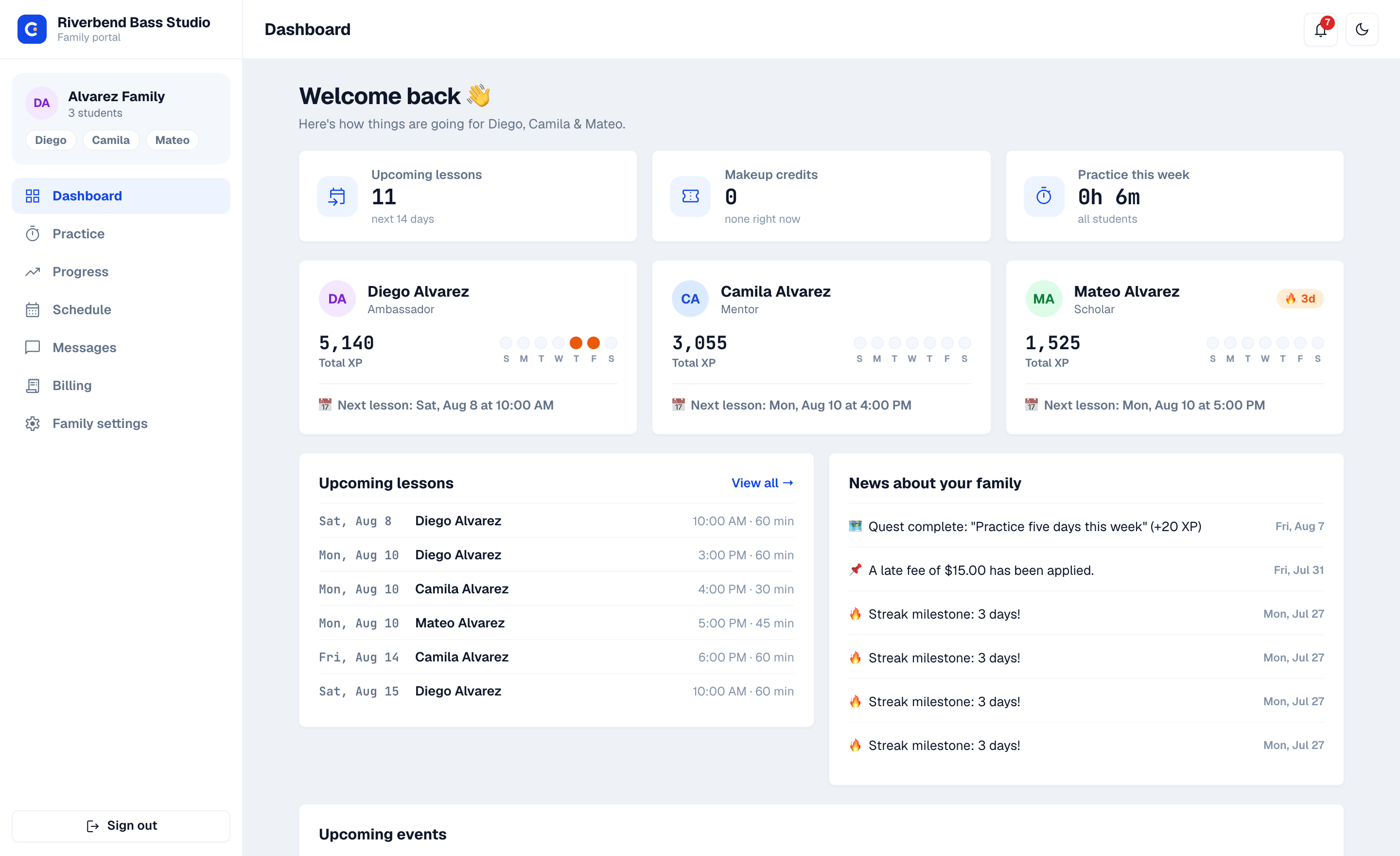 The family portal dashboard: practice this week, upcoming lessons, makeup credits and studio news for two children