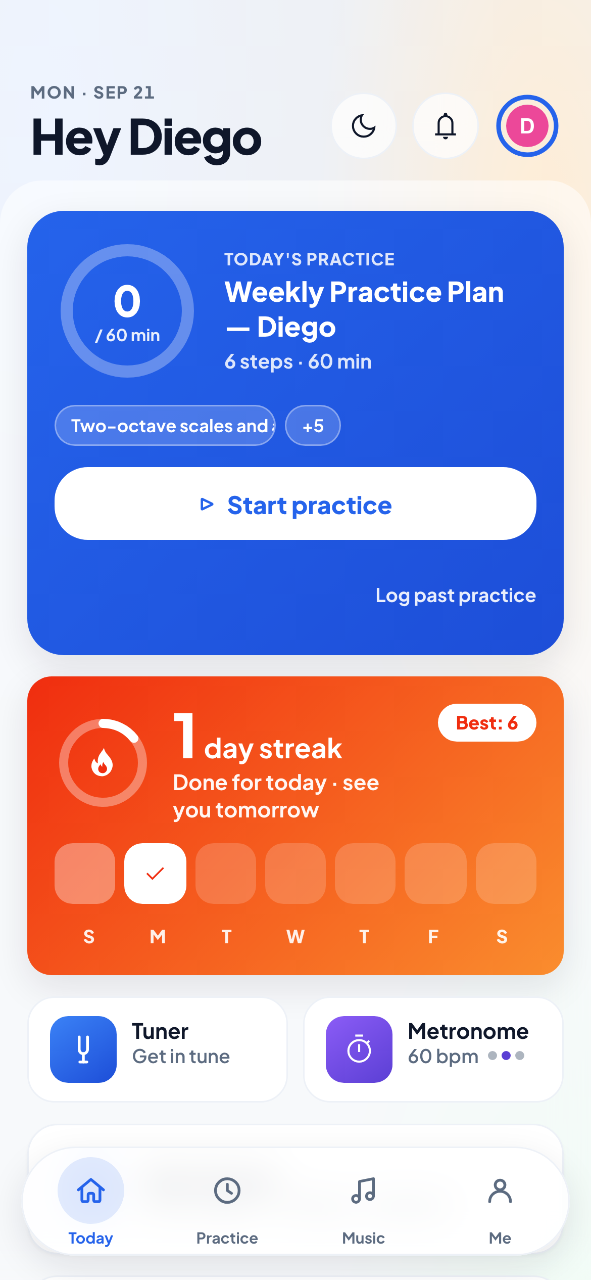 The student portal's Today tab: the date and a Hey-first-name greeting, the practice-plan hero with its goal ring and Start practice button, the sunset streak card, Tuner and Metronome tiles, and the floating Today · Practice · Music · Me pill